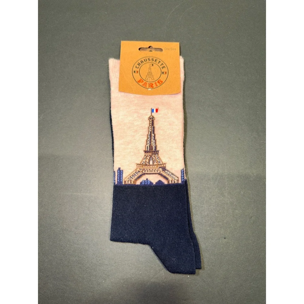 Chaussette Paris Eiffel Tower Pink Navy Blue Cotton Blend Crew Socks One Size